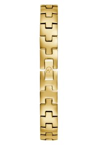 Bracciale in metallo dorato con anelli geometrici intrecciati, caratterizzato da una finitura lucida e da un fermaglio con un sottile dettaglio del logo.