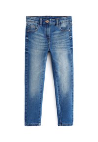 Blå denimjeans med slim fit, som har knappstängning, framfickor och en urtvättad finish. Sömmarna är synliga längs med sömmarna.
