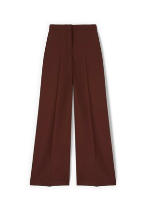 Pantaloni a gamba larga in tessuto marrone scuro, con pieghe frontali e una cintura pulita, dal texture morbido e una silhouette sartoriale.