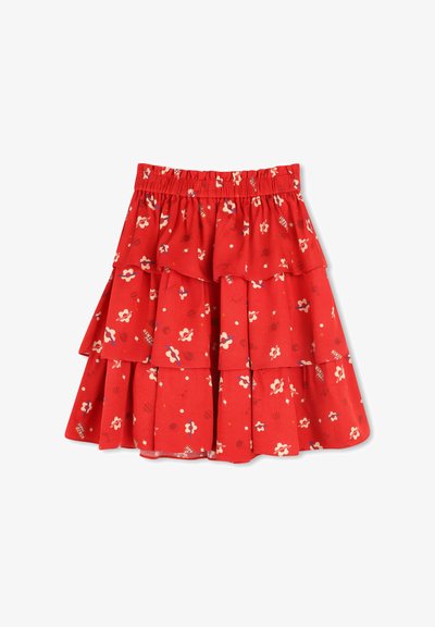 Rode gelaagde rok van lichtgewicht stof. Bevat bloem- en geometrische patronen, met een elastische tailleband voor comfort.