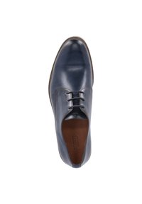 Marineblaue Leder-Halbschuhe mit glatter Oberfläche, runder Zehenform und Schnürdesign mit fünf Ösen. Das Innere verfügt über eine braune, strukturierte Innenauskleidung.