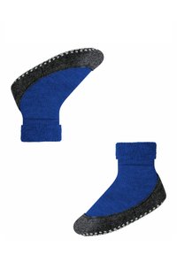 Calzini blu e grigi con un bordo testurizzato e suole antiscivolo puntinate, caratterizzati da un design sportivo e pannelli di colore contrastante.