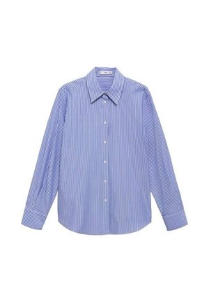 Chemise à manches longues à rayures verticales bleues et blanches, avec boutons, col pointu et poignets, posée à plat sur fond blanc.