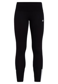 Black athletic leggings made from stretch fabric, featuring a high waistband and white side stripe accents. Smooth texture and fitted design.