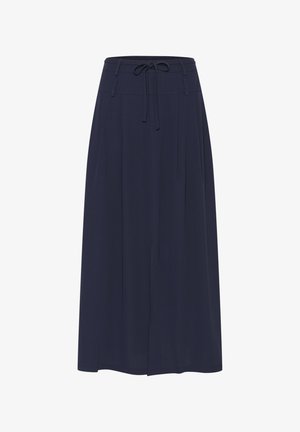 Navy pleated skirt with a drawstring waist, made from lightweight fabric. Features side pockets and a straight silhouette.