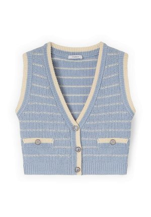 Jasnoniebieski dzianinowy bezrękawnik z kremowym wykończeniem, poziome paski, guziki z przodu oraz dwie małe sztuczne kieszenie z guzikami.