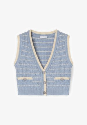 Jasnoniebieski dzianinowy bezrękawnik z kremowym wykończeniem, poziome paski, guziki z przodu oraz dwie małe sztuczne kieszenie z guzikami.