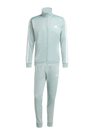 Tracksuit made of smooth, light fabric in pale mint green, featuring a high collar, white stripes on sleeves, and logo on chest and pants.