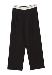 Pantaloni neri a gamba larga con una cintura elastica a strisce bianche, caratterizzati da pinces e una texture di tessuto liscia. Nessuna tasca visibile.