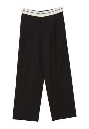 Pantaloni neri a gamba larga con una cintura elastica a strisce bianche, caratterizzati da pinces e una texture di tessuto liscia. Nessuna tasca visibile.