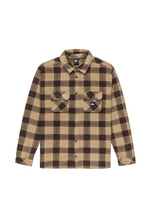 Bruine en beige flanellen shirt met een geruit patroon, voorzien van een knoopsluiting aan de voorkant, twee borstzakken en een kraag.