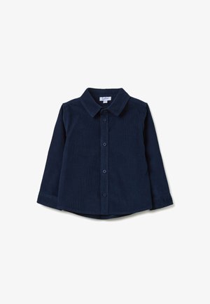 Navy blue corduroy shirt with long sleeves, button-down front, and a classic collar. Features a smooth texture and curved hem.