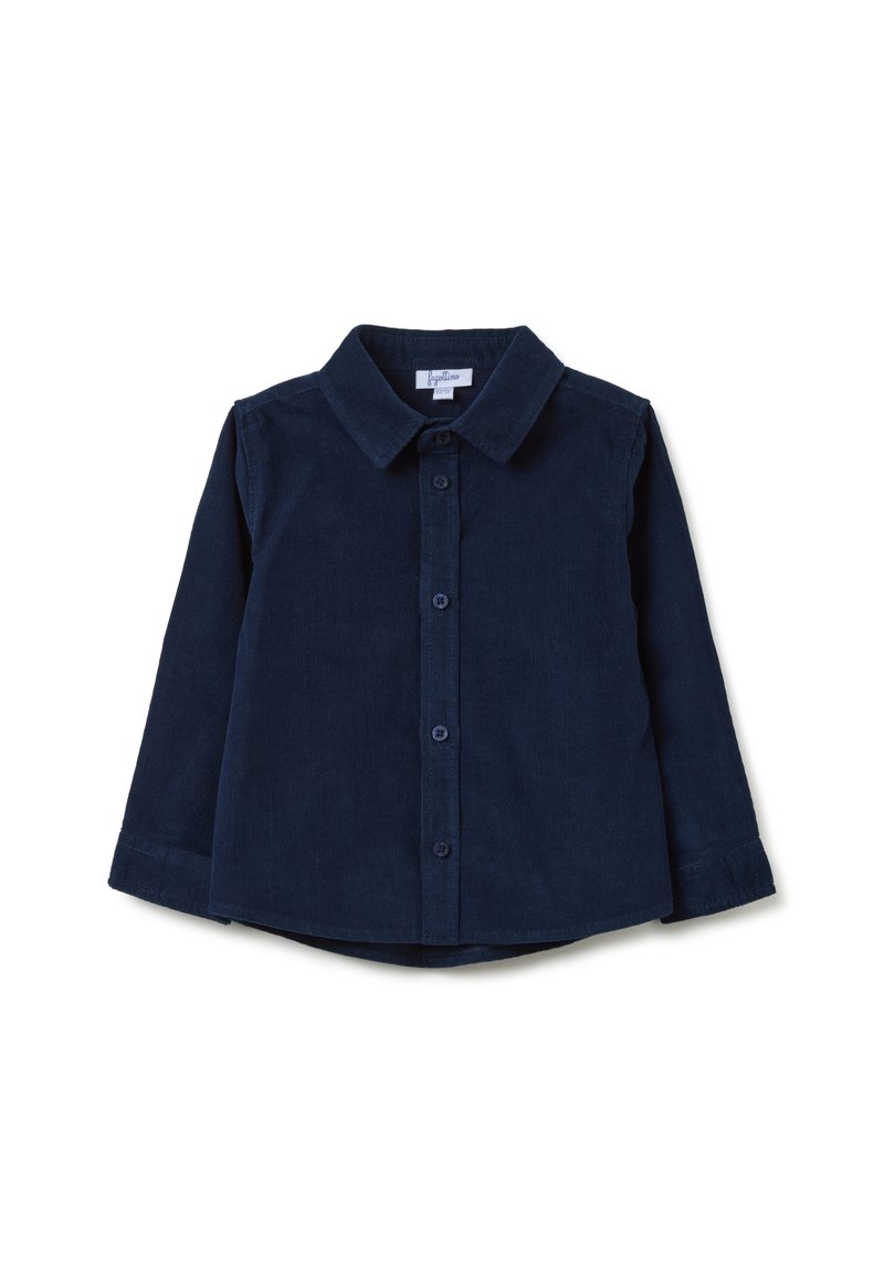 Marineblauwe corduroy overhemd met lange mouwen, knoopsluiting aan de voorkant en een klassieke kraag. Heeft een gladde textuur en een afgeronde zoom.