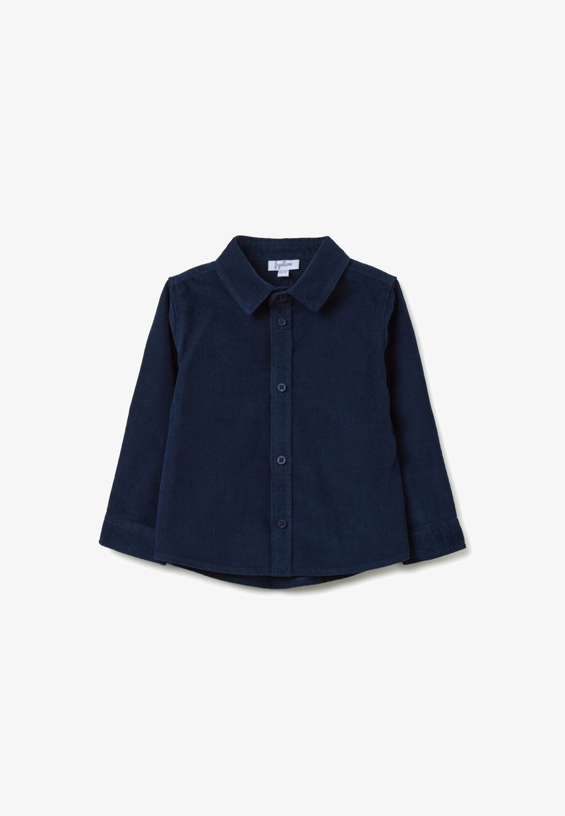 Camicia in velluto a coste blu navy con maniche lunghe, chiusura frontale con bottoni e colletto classico. Presenta una texture liscia e un orlo curvo.