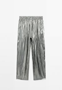 Zilverkleurige metallic plisségardijnen met een elastische tailleband, met een losse pasvorm en een gladde, reflecterende textuur.