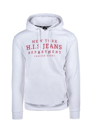 Hvid hættebluse med rød tekst "NEW YORK H.I.S. JEANS DEPARTMENT CRAFTED GOODS", frontlomme, ribbede manchetter og kant.