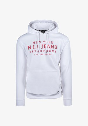 Biała bluza z kapturem z czerwonym napisem "NOWY JORK H.I.S. DEPARTMENT JEANS RĘKODZIEŁO", przednia kieszeń kangurka, ściągacze przy mankietach i u dołu.