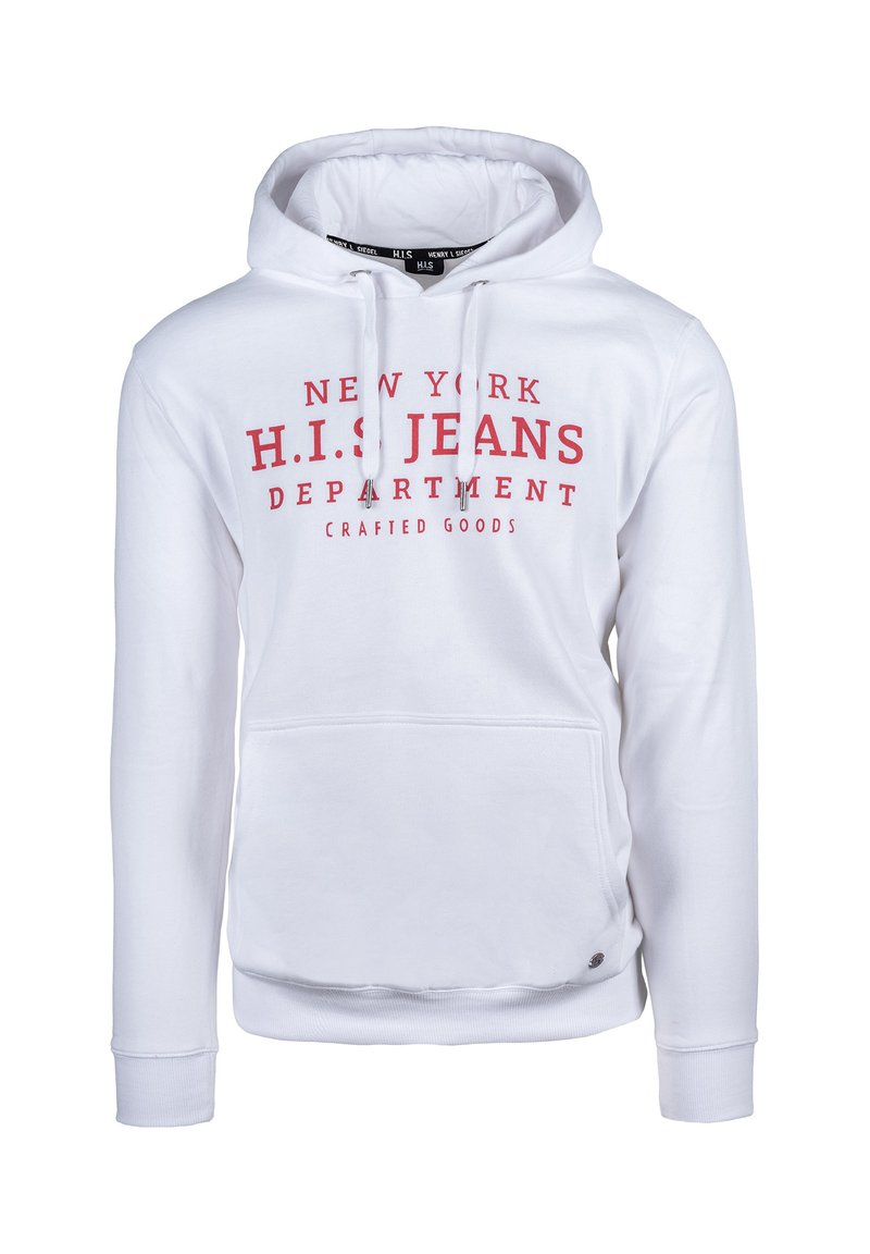 Felpa bianca con cappuccio e testo rosso "NEW YORK H.I.S. JEANS DEPARTMENT CRAFTED GOODS", tasca a marsupio frontale, polsini e orlo a costine.