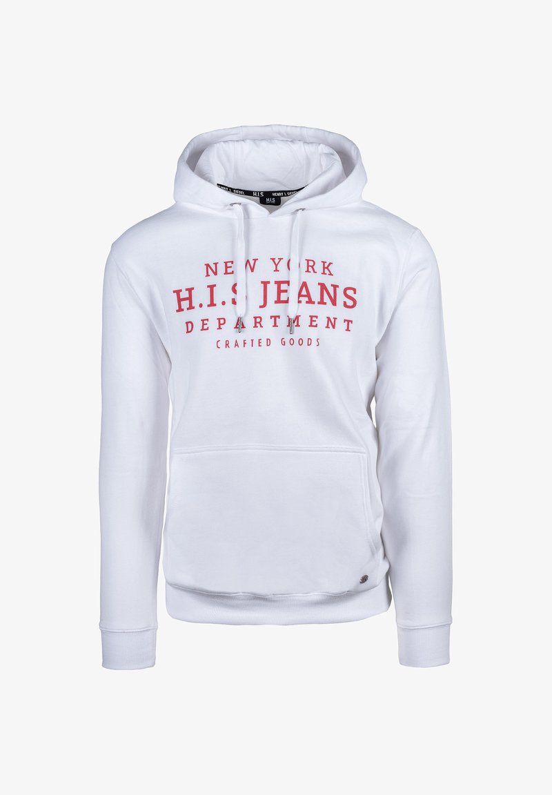 Felpa bianca con cappuccio e testo rosso "NEW YORK H.I.S. JEANS DEPARTMENT CRAFTED GOODS", tasca a marsupio frontale, polsini e orlo a costine.