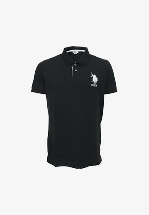 Schwarzes Polohemd aus Baumwolle, mit einer Knopfleiste mit drei Knöpfen, kurzen Ärmeln und einem weißen gestickten Logo auf der linken Brust.