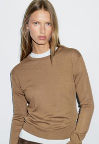 Brązowy sweter robiony na drutach z okrągłym dekoltem, długimi rękawami i dopasowaną talią, nałożony na jasną koszulę. Gładka tekstura.