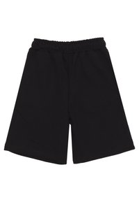 Pantaloni corti neri in cotone con cintura elastica, tagliati all'altezza del ginocchio, caratterizzati da una trama liscia e un design semplice senza decorazioni.