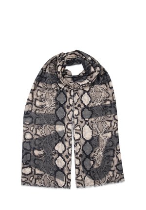 Écharpe légère avec un motif en peau de serpent beige, noir et gris, aux bords effilochés et à la texture douce, drapée élégamment.