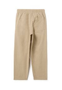 Pantalones de mezcla de algodón beige con cintura elástica, diseño de pierna recta, bolsillo trasero único y textura suave.