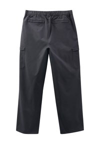 Zwarte, lichte cargobroek met een elastische tailleband, twee zijzakken en een gladde textuur. Ontworpen voor comfort en functionaliteit.