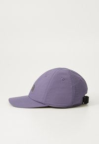 Purple baseball cap made of fabric, featuring a curved brim, stitched accents, and a black adjustable strap at the back.