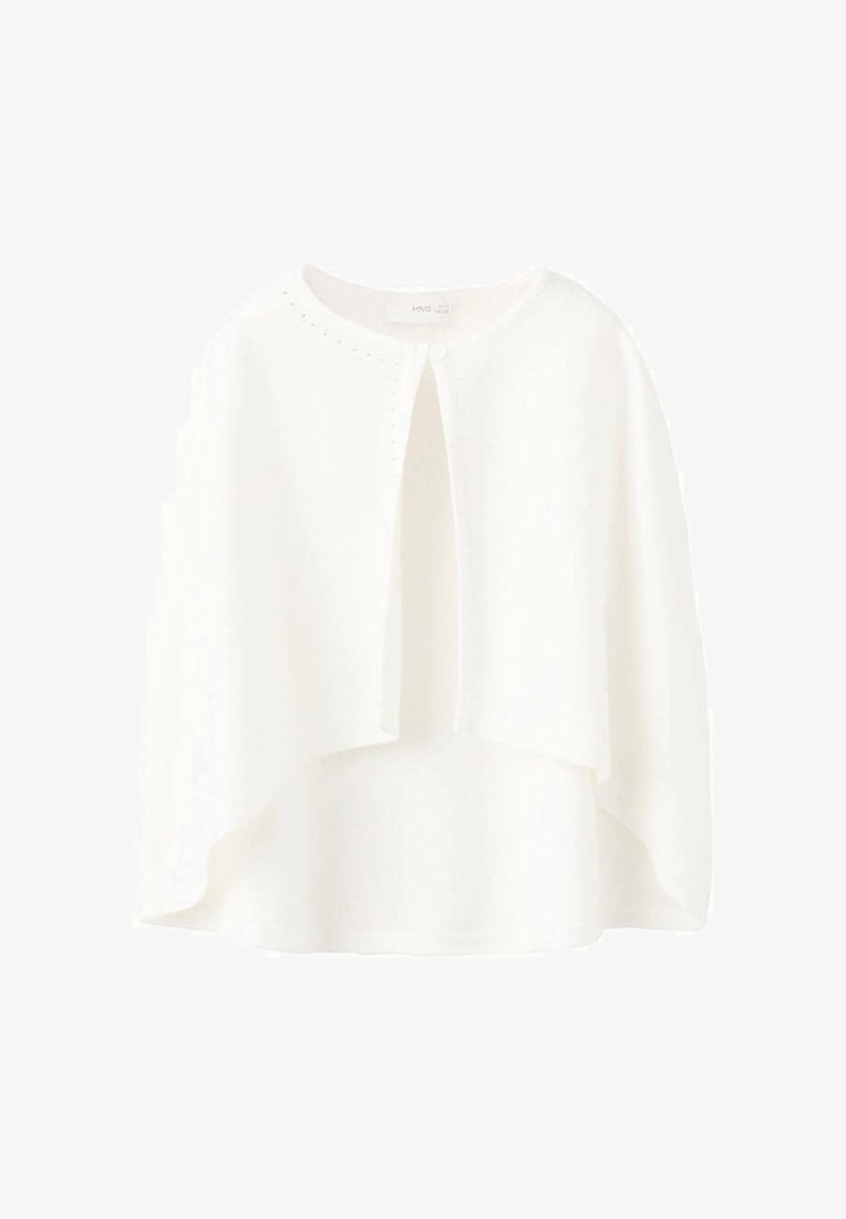 White cape-style cardigan with a rounded neckline, featuring a button closure and a subtle textured pattern around the neckline.