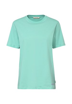 Hell-türkisfarbenes T-Shirt mit kurzen Ärmeln und Rundhalsausschnitt, mit kleinem Logo nahe dem unteren Saum auf weißem Hintergrund.