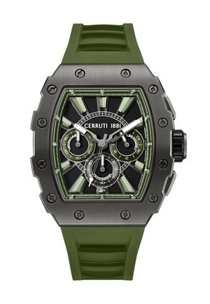 Zelené silikonové hodinky s čiernym a zeleným chronografovým ciferníkom, strieborným lunetou so skrutkami a značkou "CERRUTI 1881".
