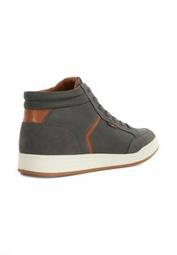High-top sneaker in gray suede with brown leather accents. Features perforated detailing, lace-up closure, and a white rubber sole.