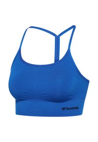 Blauwe sportbeha gemaakt van rekbaar materiaal. Heeft dunne bandjes, een ronde hals en een geribbelde textuur. Inclusief een klein zwart logo onderaan.