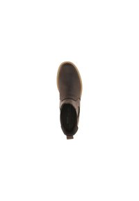 Dunkelbrauner Leder-Stiefel mit runder Zehenpartie, elastischen Seitenpaneelen und einer kontrastierenden, hellen Sohle. Flacher Absatz und minimale Nahtdetails.