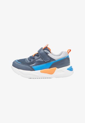 Navy and blue athletic shoes with a reinforced toe, mesh panels, Velcro strap, and a white sole featuring an orange accent.