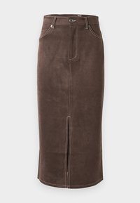 Brun semsket blyantkjole med frontsplitt, kontrasterende hvite sømmer og klassisk fem-lomme-design. Klassisk knappelukking i livet.