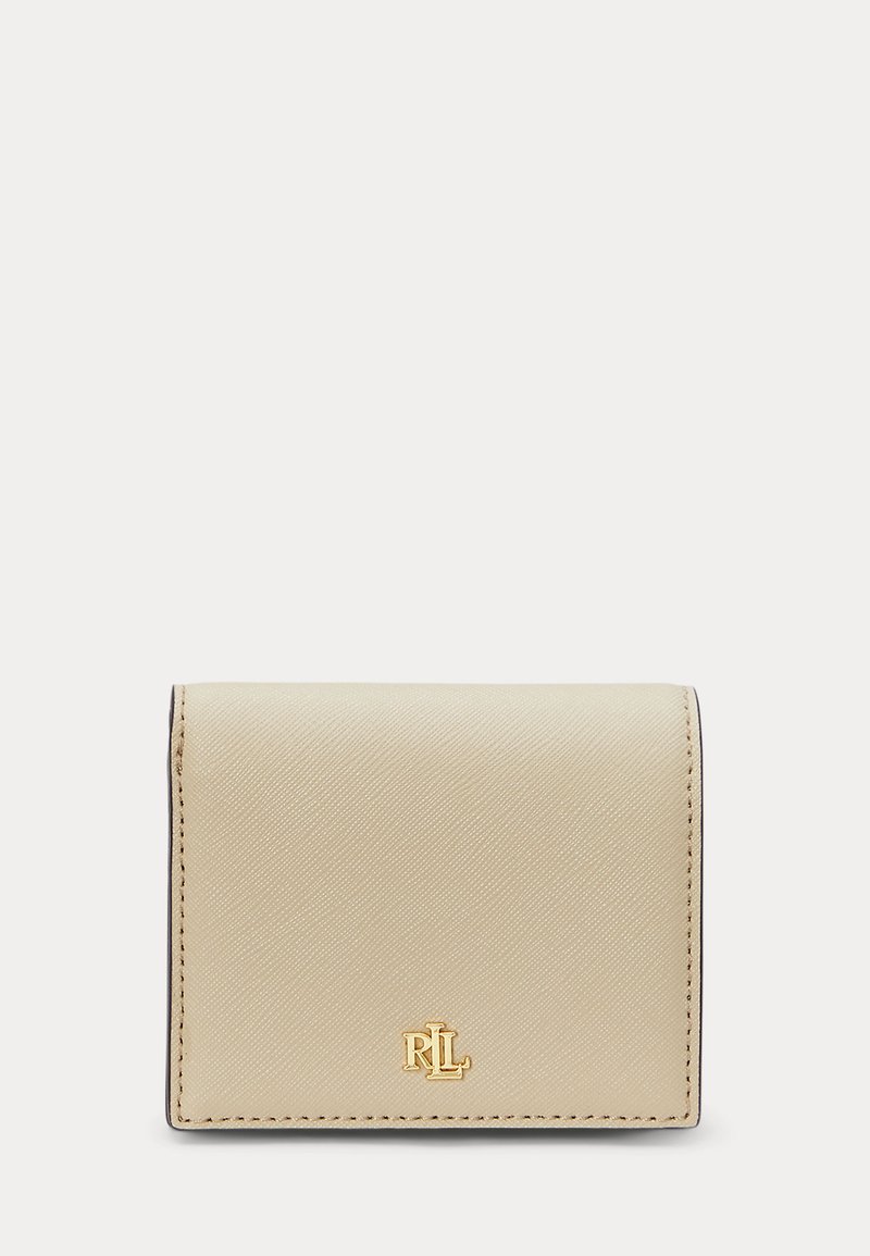 Beige leather wallet with textured surface and gold "RL" logo emblem centered on the front flap, stitched edges visible.