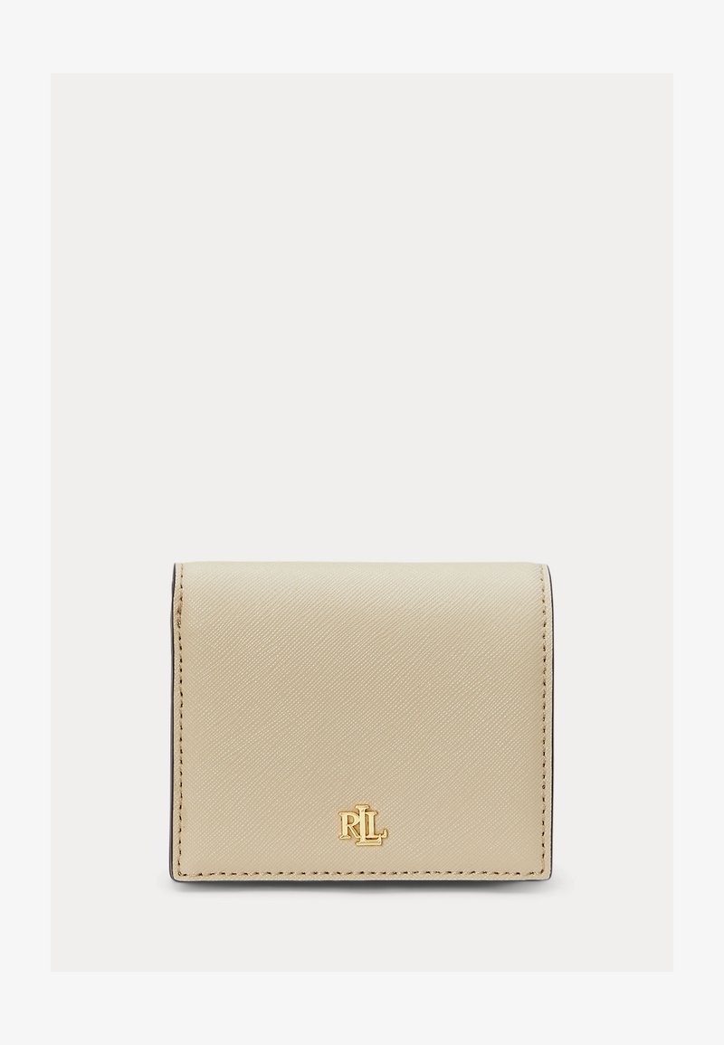 Beige leather wallet with textured surface and gold "RL" logo emblem centered on the front flap, stitched edges visible.