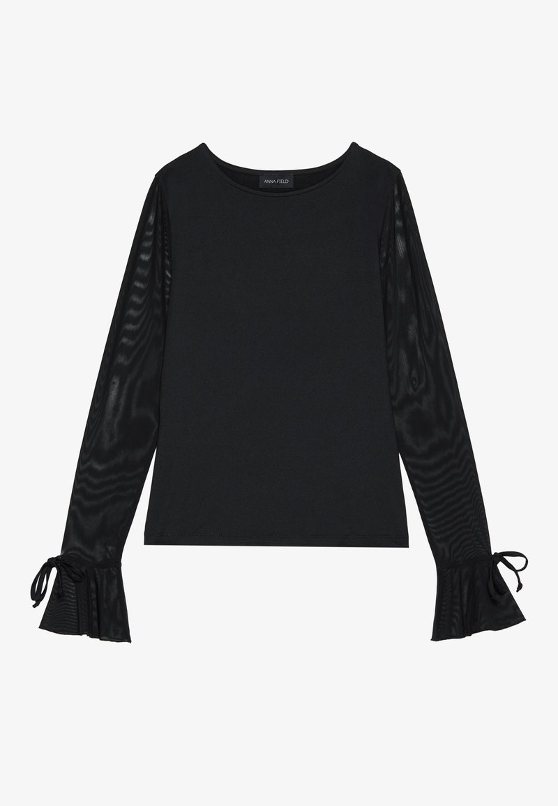 Shadow Angel Top Donna Maniche Lunghe, Nero, Scollo A V Con Colletto In Pizzo, Cotone