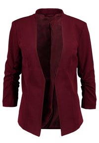 Blazer bordeaux con colletto a punta, apertura frontale e maniche lunghe. Tessuto liscio con un design strutturato e interno non foderato.