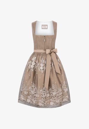 Braunes Kleid mit einem taillierten Oberteil, Reißverschluss und einem ausgestellten Rock. Verfügt über Spitzenstickerei und einen gebundenen Satin-Gürtel in der Taille.