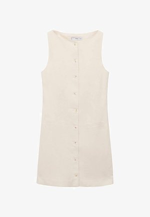 Sleeveless beige dress featuring a round neckline, front button closure, and two side pockets. Smooth fabric with minimal texture.