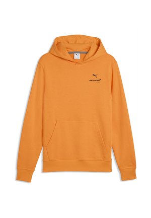 Oranger Kapuzenpullover mit Fronttasche, schwarzen Puma- und McLaren-Logos auf der Brust, gerippten Bündchen und Saum.