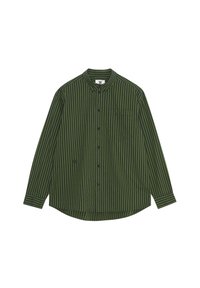 Langarm-shirt in donkergroen en marineblauwe verticale strepen, met een geknoopte kraag, zak op de linkerborst en een gebogen zoom.