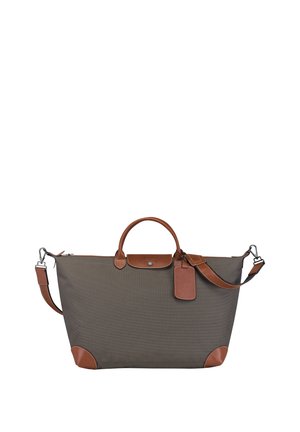 Rectangular tote bag in dark gray nylon with brown leather accents. Features dual top handles, detachable shoulder strap, and zip closure.