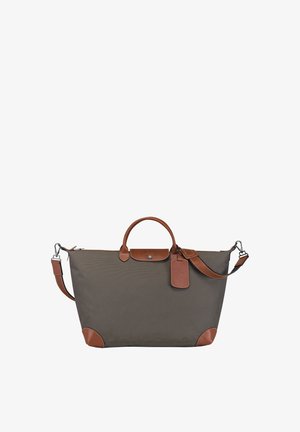 Rectangular tote bag in dark gray nylon with brown leather accents. Features dual top handles, detachable shoulder strap, and zip closure.