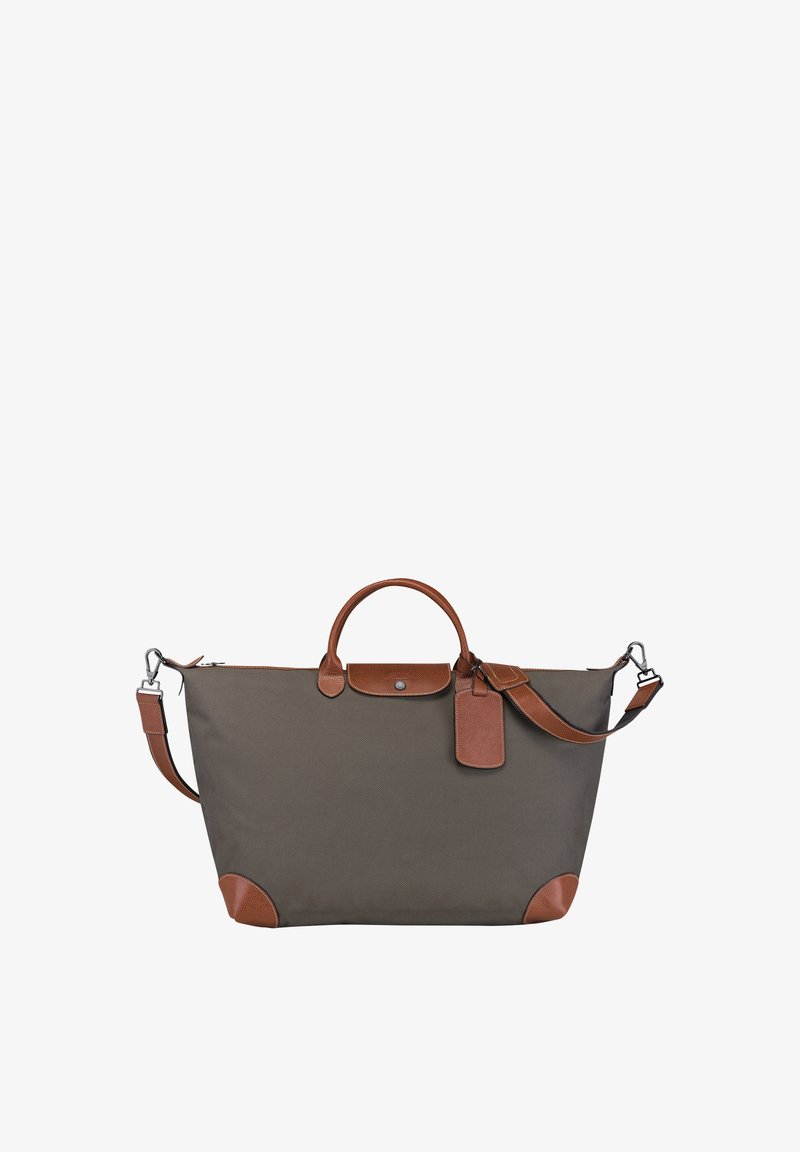 Rechteckige Tragetasche aus dunkelgrauem Nylon mit braunen Lederelementen. Verfügt über zwei obere Tragegriffe, einen abnehmbaren Schultergurt und einen Reißverschluss.