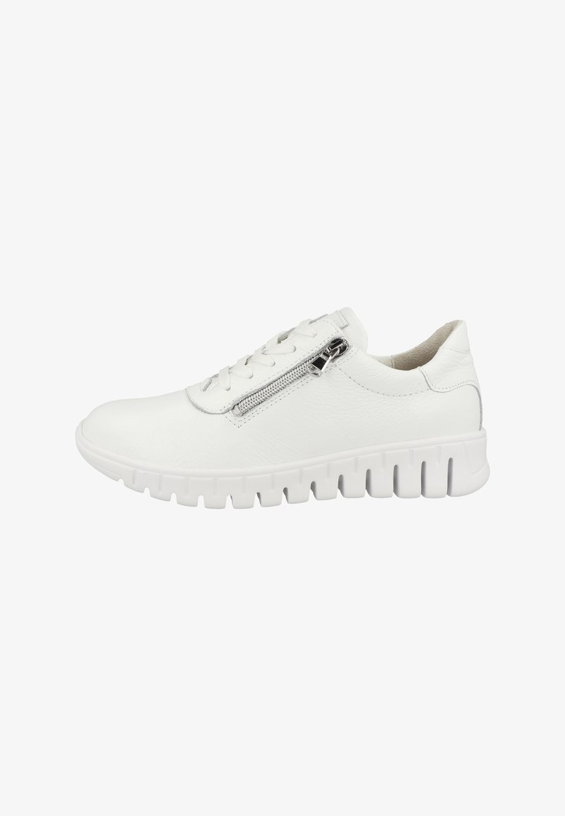 White leather sneaker with side zipper and lace-up front, featuring a chunky, grooved sole for added comfort and style.